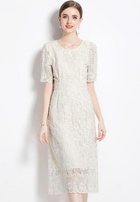 Summer Beige Premium Embroidered Lace Dress CA100530