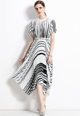 French high end buttoned striped printed pleated dress CA100515