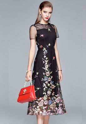 Tulle with Embroidered Floral Midi One Piece Dress Evening Dress A21032909KI