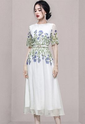 Chic White Short Sleeve Printed Chiffon Dress CA061384