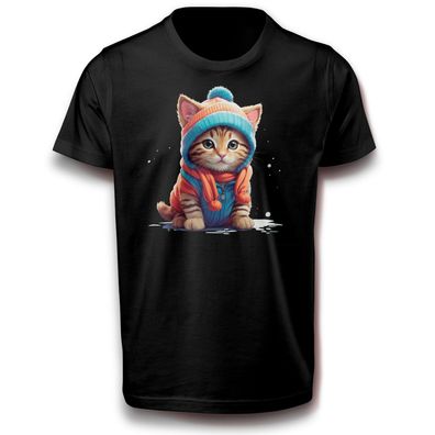 Katze Cat Tier Haustier Mietze Winter Mütze Kalt T-Shirt Hauskatze Kater Fun Süß