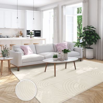 Wohnzimmer Teppich Schlafzimmer Kurzflor Abstrakt 3D Effekt Geometrisch Creme Beige