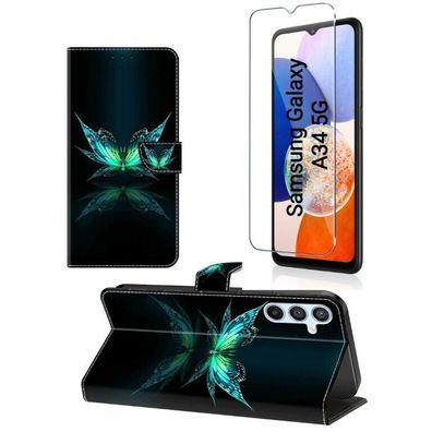 Samsung Galaxy A34 5G Hülle mit Panzerfolie Schutzglas Wallet Etui Schutz Case