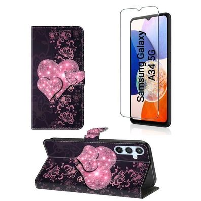 Samsung Galaxy A34 5G Hülle mit Panzerfolie Schutz Etui Case Schutzglas Wallet