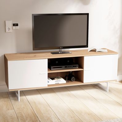 Wohnling Lowboard 150 cm TV Schrank Fernsehkommode Fernsehschrank Eiche Weiß