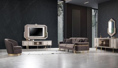 Luxus Wohnzimmer Set Modern Sofa 3 Sitzer Sessel RTV Lowboard + TV-Rahmen