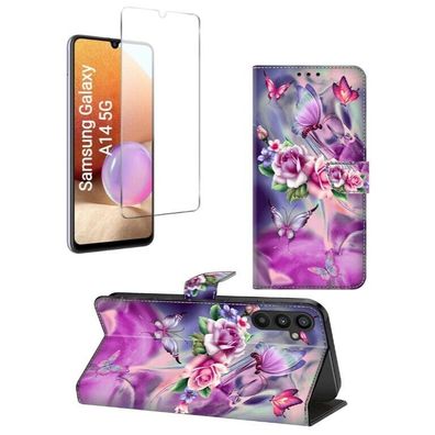 Samsung Galaxy A14 5G Schutzglas mit Panzerfolie Wallet Etui Hülle Schutz Case