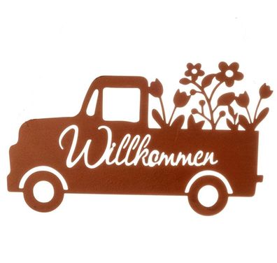 Dekohänger Auto mit Blumen Willkommen, Metall Fensterdeko, Edelrost Gartendeko