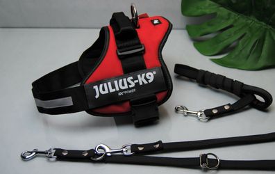 SET Julius-K9 Powergeschirr Gr.1 rot + Leine gummiert, Bulldogge Malinois Boxer
