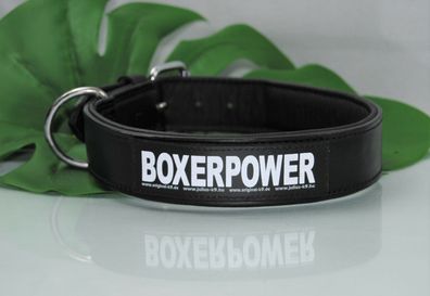 Boxer Lederhalsband 60cm x 4cm schwarz inkl. Klettlogo Boxerpower