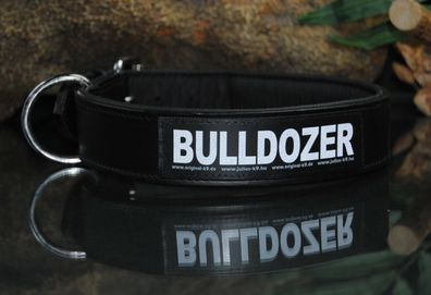 Lederhalsband 80cm x 4cm schwarz mit Klettlogo Bulldozer z.B. für Bullmastiff