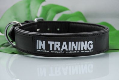 Lederhalsband 70cm x 4cm schwarz mit Klettlogo IN Training, z.B. für Rottweiler