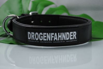 Lederhalsband 80cm schwarz mit Klettlogo Drogenfahnder, z.B. für Kangal Dogge