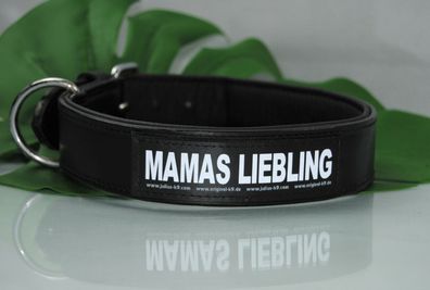 Lederhalsband 70cm x 4cm schwarz mit Klettlogo MAMAS Liebling z.B. für Bulldogge