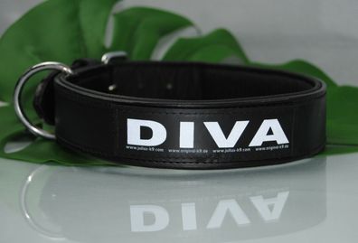 Lederhalsband 60cm x 4cm schwarz mit Klettlogo DIVA z.B. für Labrador Bulldogge