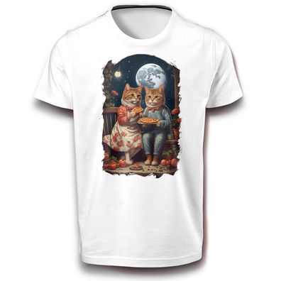Cottagecore Katze Katzen Cat Kater Fun Süß Tier Vollmond Nacht T-Shirt weiß