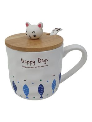Katzen Kaffeetasse Keramik, Cartoon Kätzchen Kitty, Weiß mit Fischen, Holzdeckel