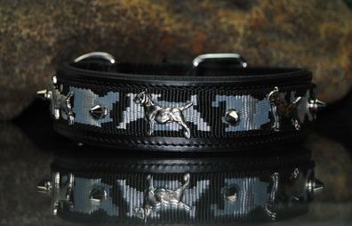Lederhalsband schwarz / Schneetarn Bullterrier 50cm x 4cm D-Ring seitlich
