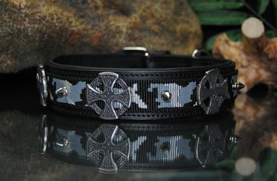 Lederhalsband schwarz / Schneetarn Keltenkreuz 70cm x 4cm Rottweiler Viking