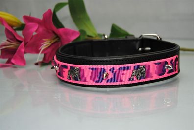 Lederhalsband schwarz / Pink-Tarn Englische Bulldogge 60cm x 4cm D-Ring seitlich