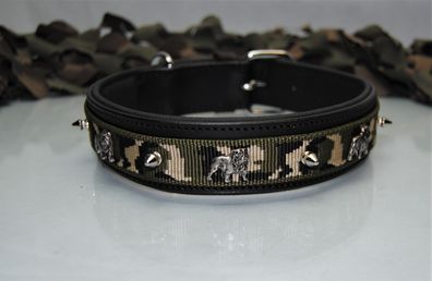 Lederhalsband schwarz / Tarn Englische Bulldogge 60cm x 4cm D-Ring seitlich
