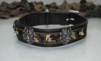 Lederhalsband LÖWE schwarz / Tarn 80cm x 4cm Dogge Kangal Alano Mastiff