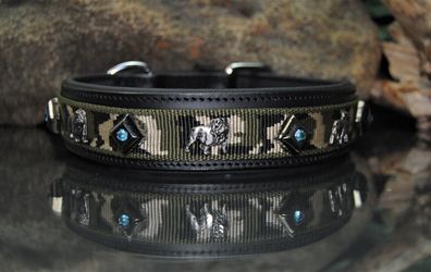 Lederhalsband schwarz / Tarn Englische Bulldogge 70cm x 4cm Kristall