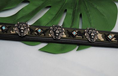 Lederhalsband LÖWE schwarz / Tarn 50cm x 4cm Kristall, Französische Bulldogge