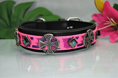 Lederhalsband schwarz / Pink-Tarn Keltenkreuz Kristall 60cm x 4cm Labrador Boxer