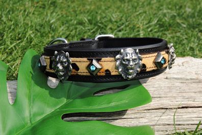 Lederhalsband schwarz, Streifen Fell-Leo, Löwe + Kristall, Labrador Bulldogge