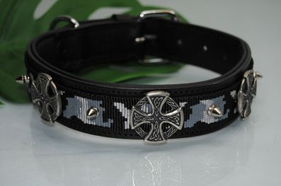 Lederhalsband schwarz / Schneetarn Keltenkreuz 60cm x 4cm Boxer Bulldogge Viking