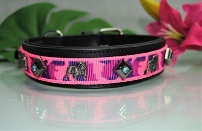 Lederhalsband schwarz / Pink-Tarn Englische Bulldogge 70cm x 4cm Kristall