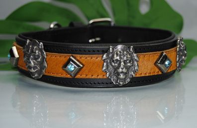 Lederhalsband Löwe mit Kuhfell Kristall 50cm x 4cm Malinois Bulldogge Beagle