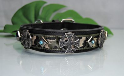Lederhalsband schwarz / Tarn Keltenkreuz Kristall 60cm x 4cm Boxer Bulldogge
