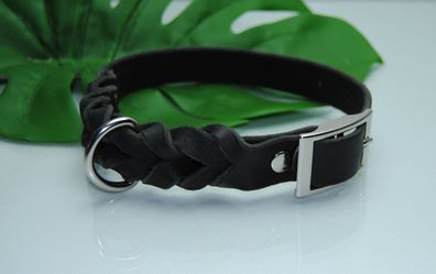 Lederhalsband geflochten schwarz 60cm x 25mm Silber Labrador Boxer Bulldogge
