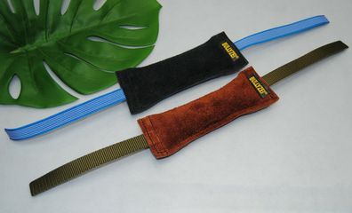 Beißwurst Leder 20 x 5 cm, weich mit 2 Bändern Welpenspielzeug Apportspielzeug