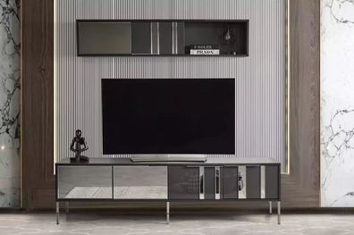 Luxus Modern Wohnwand Lowboard Grau Wandschrank Wohnzimmer 2tlg. Neu