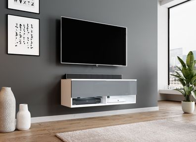 FURNIX TV Lowboard AREZO Fernsehschrank Schrank 100 cm mit LED Design Weiß-Grau