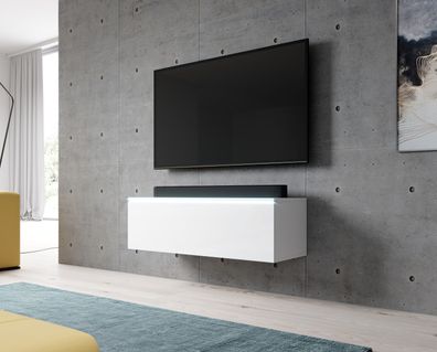 FURNIX TV Lowboard BERMO Schrank modern Design 100 cm ohne LED Weiß -Glanz Weiß