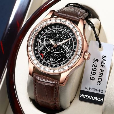 Men's Watch Leather Quartz Watches Starry Sky Diamond Style