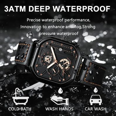 Casual Men's Watch Sports Chronograph Leather Watches Waterp