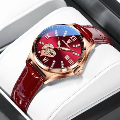 Women Watches Leather Romance Red Dial Ladies Watch Waterpr