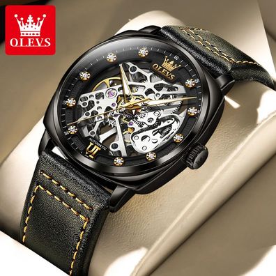 Men's Hollow Out Automatic Mechanical Wrist Waterproof Luminous Leather Strap for