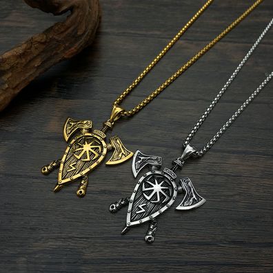 Nordic Viking Axe Shield Pendant Personality Titanium Steel Necklace For Men