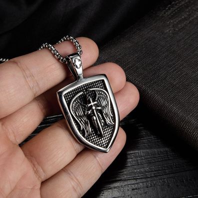 Street Cool Cross Pendant Angel Shield Stainless Steel Necklace