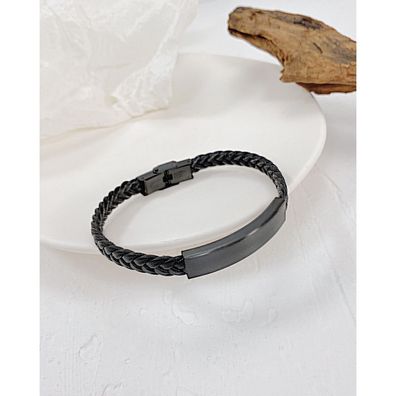 Black Stainless Steel Bracelet Men's Bracelet Woven Leather Bracelet