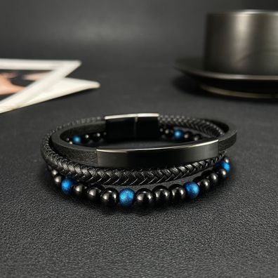 Multi-Layer Handmade Woven Leather String Bracelet Black Agate Beaded Bracelet For