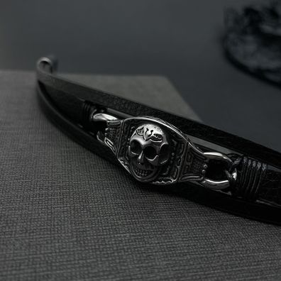 Multi-Layer Leather Bracelet Punk Skull Magnetic Buckle Titanium Steel Bracelet