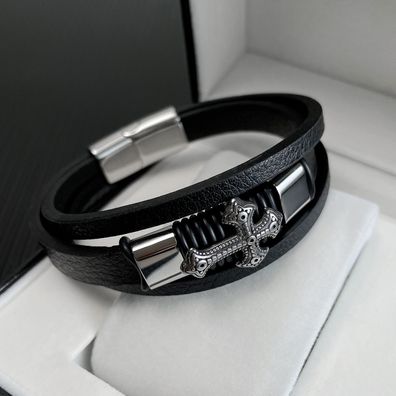 Source Leather Multi-Layer Bracelet Cross Bracelet For Men