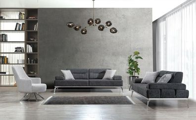 Wohnzimmer-Set 3tlg 2x 3-Sitzer Grau mit Weiß Sessel Modern Design Textil